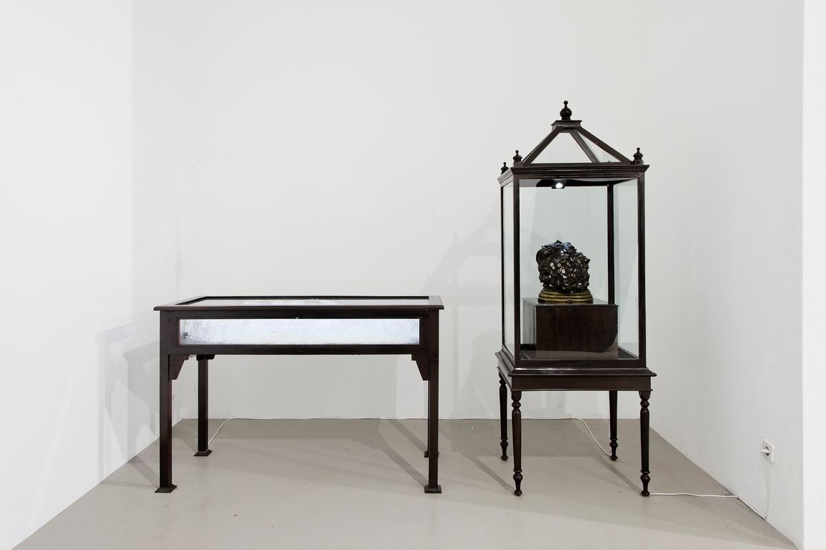 Chamber B, Golden tooth, 3D hologram, museum vitrine, bronze, cement, coins (in two parts);